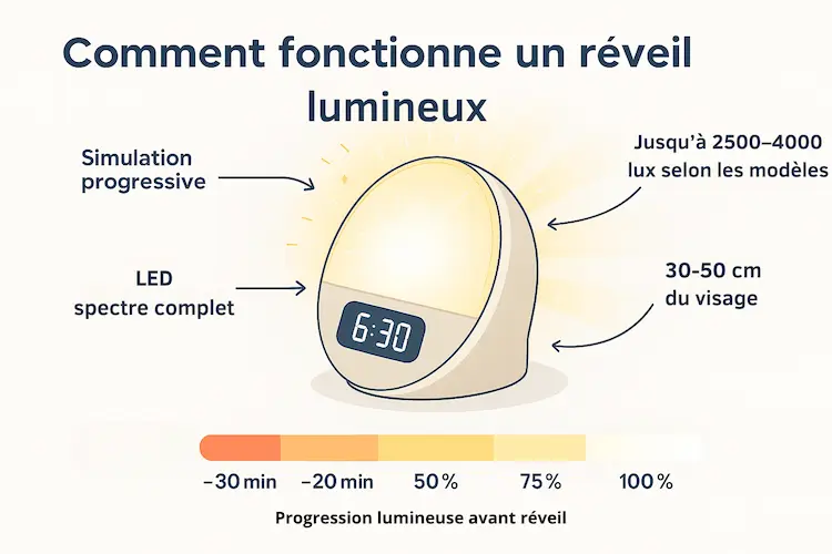 Schéma explicatif du fonctionnement d'un réveil lumineux avec progression lumineuse sur 30 minutes