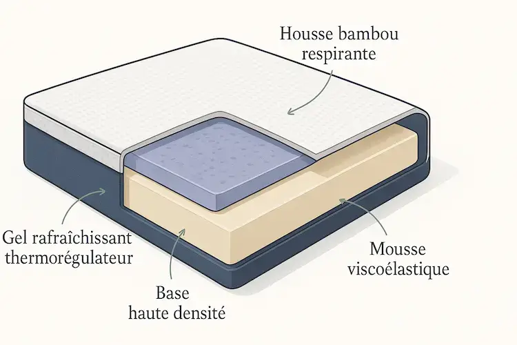 Schéma surmatelas rafraîchissant avec housse bambou respirante, gel thermorégulateur, mousse viscoélastique et base haute densité