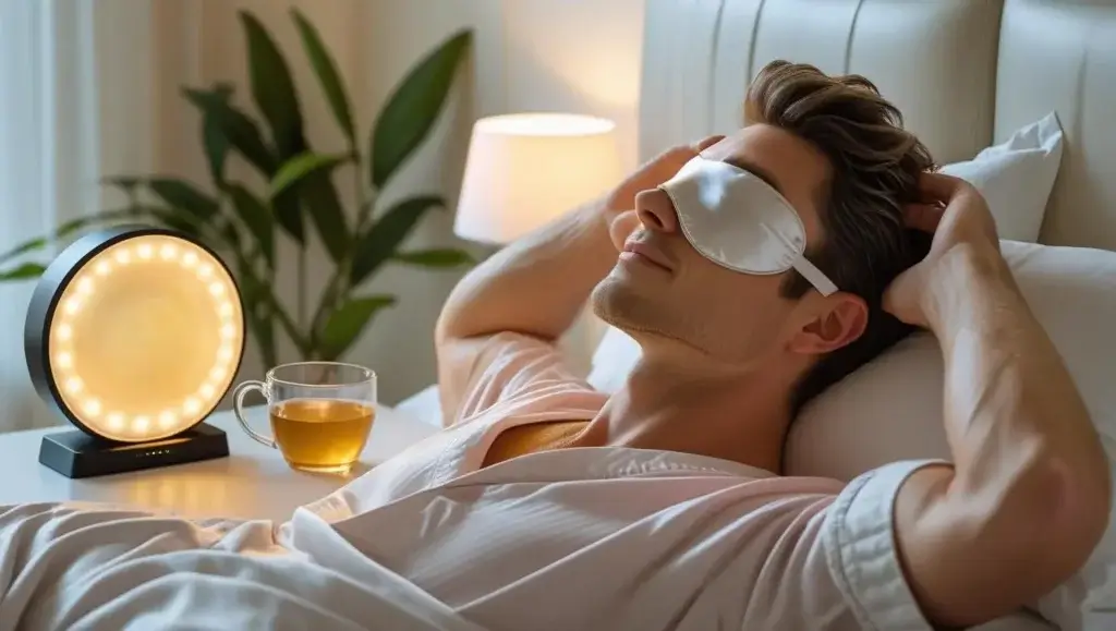 Homme portant un masque de nuit, allongé près d’une lampe de luminothérapie et d’une tisane, illustrant les solutions naturelles pour améliorer le sommeil.