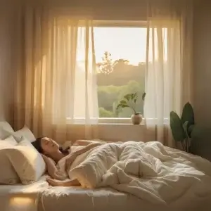 Éclairage circadien : améliorer son sommeil naturellement Femme dormant paisiblement dans une chambre baignée de lumière naturelle dorée avec plantes vertes, illustrant un sommeil réparateur grâce à un environnement lumineux idéal