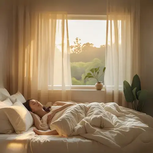 Femme dormant paisiblement dans une chambre baignée de lumière naturelle dorée avec plantes vertes, illustrant un sommeil réparateur grâce à un environnement lumineux idéal