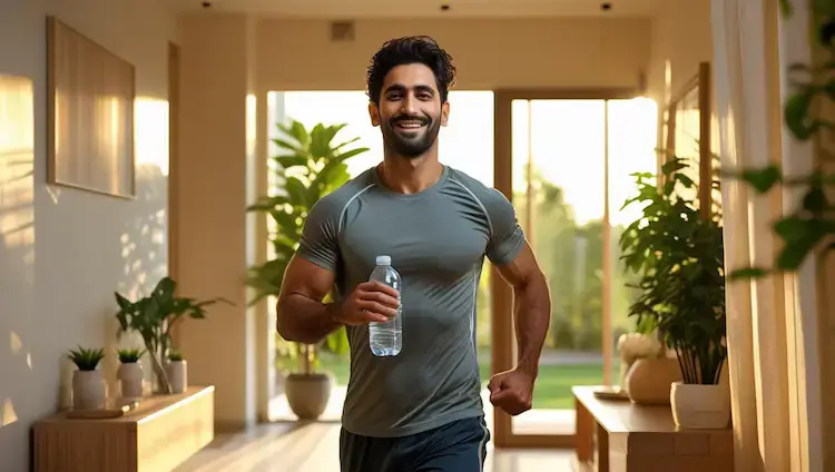 Homme souriant en tenue de sport avec bouteille d'eau dans son salon moderne, illustrant vitalité et récupération après exercice physique
