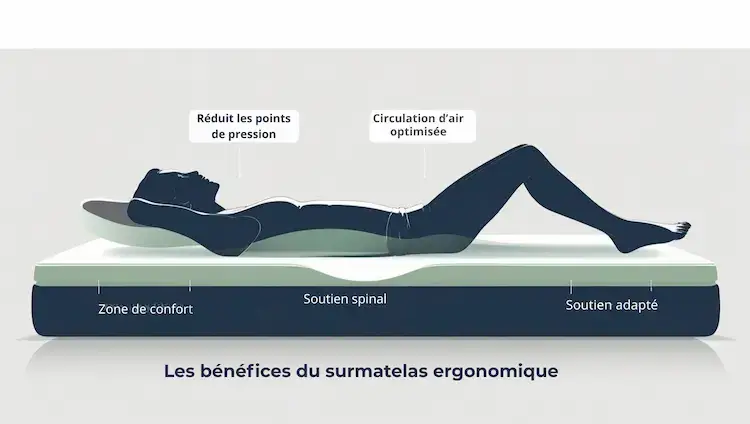 Illustration des bénéfices d’un surmatelas ergonomique : réduction des points de pression, circulation d’air optimisée, soutien spinal et confort adapté