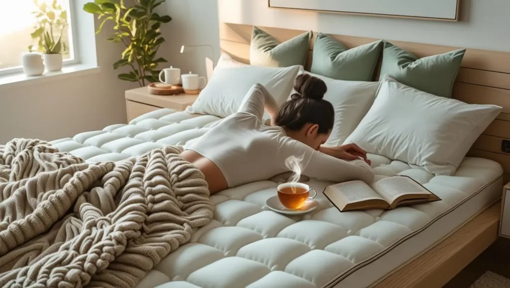 Femme allongée confortablement sur un surmatelas ergonomique, ambiance cosy avec tasse de thé et livre