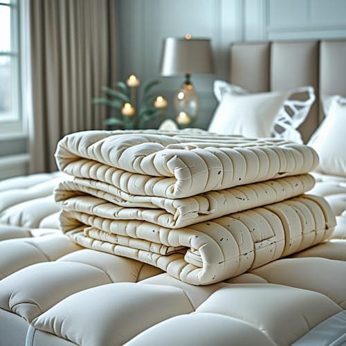 Surmatelas ergonomique soigneusement plié sur un lit haut de gamme dans une chambre élégante, illustrant le confort et le soutien pour un sommeil réparateur.