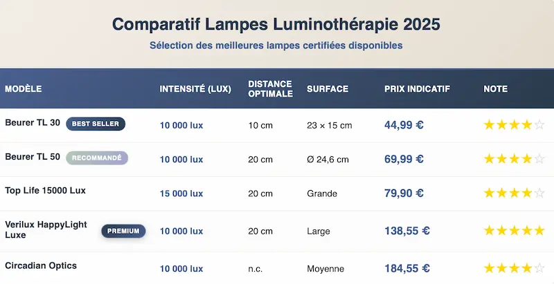 Tableau comparatif 2025 des meilleures lampes de luminothérapie : Beurer TL30, Beurer TL50, Top Life 15000 Lux, Verilux HappyLight Luxe, Circadian Optics. Détails intensité en lux, distance optimale, surface éclairée, prix indicatif et note.