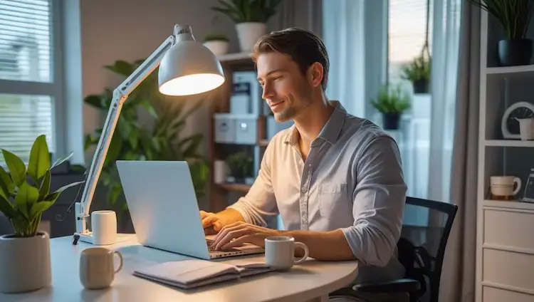 Homme travaillant sereinement sur ordinateur portable dans son bureau à domicile avec éclairage circadien optimal, lampe LED moderne et lumière naturelle