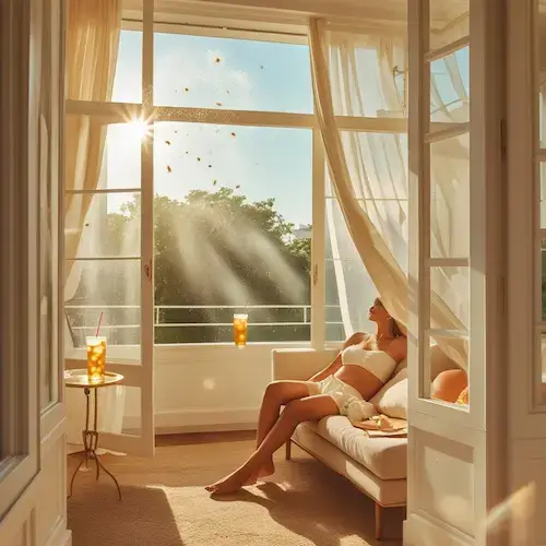 Femme allongée sur un canapé dans un salon baigné de soleil, fenêtres ouvertes, rideaux légers, boisson fraîche – Illustration du confort thermique sans climatisation