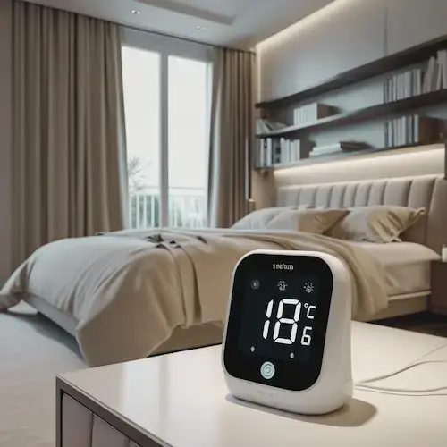 Thermomètre numérique affichant 18°C sur une table de chevet dans une chambre moderne, illustrant la température idéale recommandée pour bien dormir.