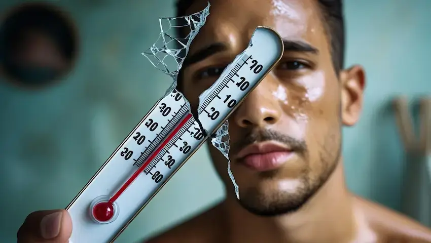 Visage en sueur tenant un thermomètre brisé affichant 26°C, symbolisant l’écart entre la température mesurée et celle ressentie par le corps