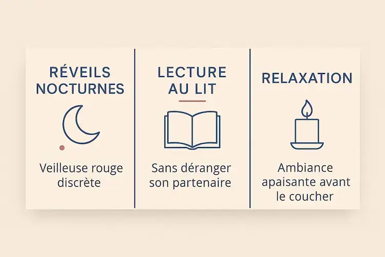 "3 usages concrets lumière rouge chambre : réveils nocturnes, lecture sans déranger, ambiance relaxation