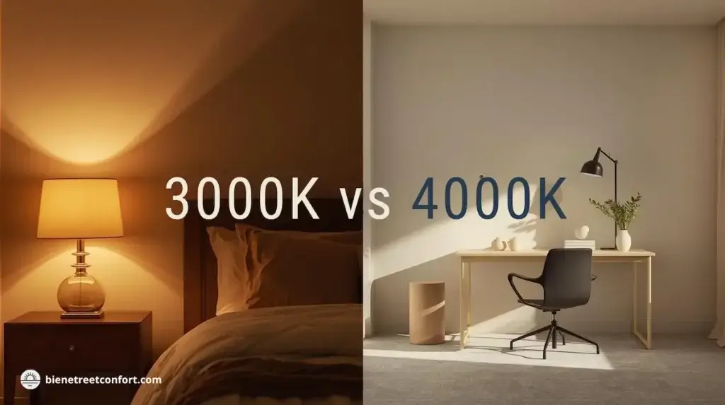 Comparaison éclairage 3000K vs 4000K : chambre avec ambiance chaleureuse dorée et bureau avec éclairage neutre blanc pour productivité
