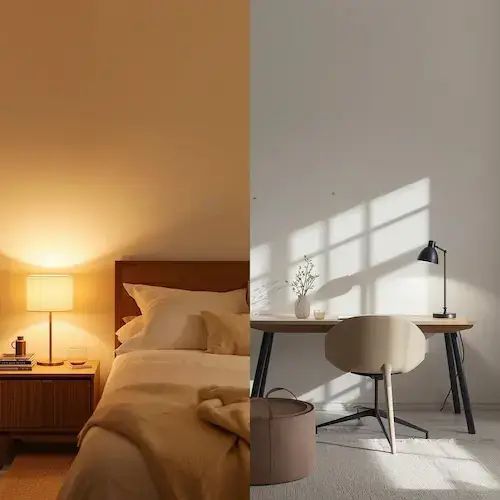 Comparaison 3000K vs 4000K : lumière chaude pour chambre et détente, lumière neutre pour bureau et activités précises