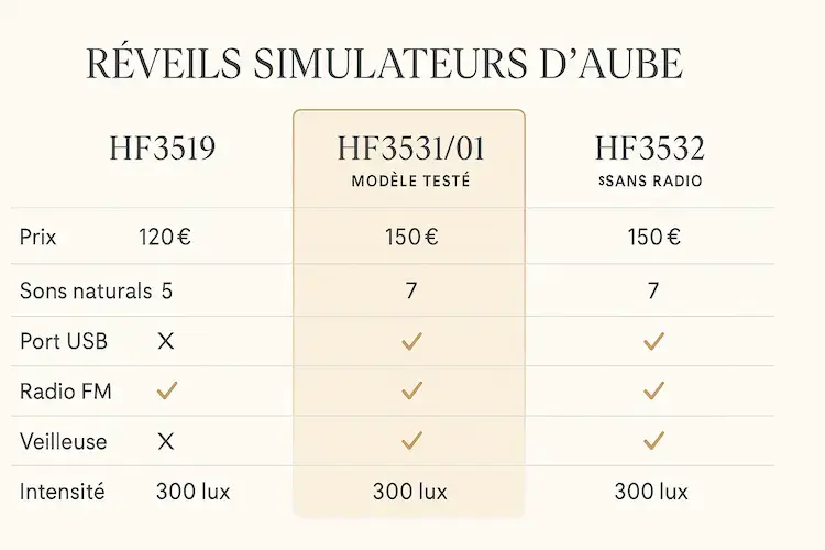 ableau comparatif des réveils simulateurs d'aube HF3519, HF3531/01 et HF3532 avec prix, fonctionnalités et spécifications techniques
