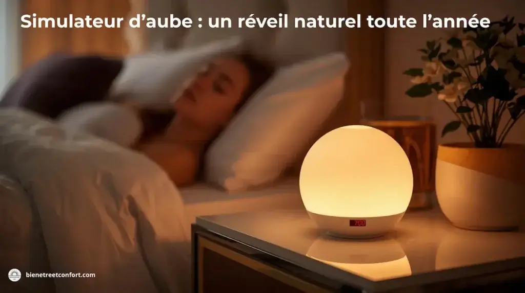 Lampe simulateur d’aube allumée sur une table de chevet, éclairant une chambre où une personne dort paisiblement