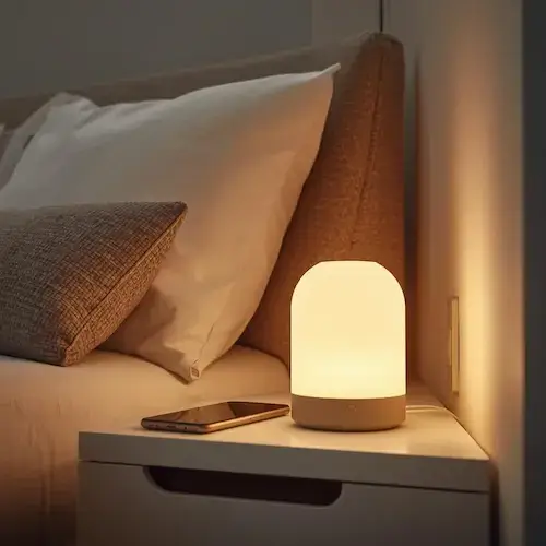 Lampe connectée posée sur une table de chevet, ambiance douce dans une chambre.