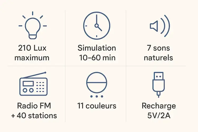 Infographie des caractéristiques techniques Artinabs : 210 Lux maximum, simulation 10-60 min, 7 sons naturels, radio FM 40 stations, 11 couleurs, recharge USB 5V/2A