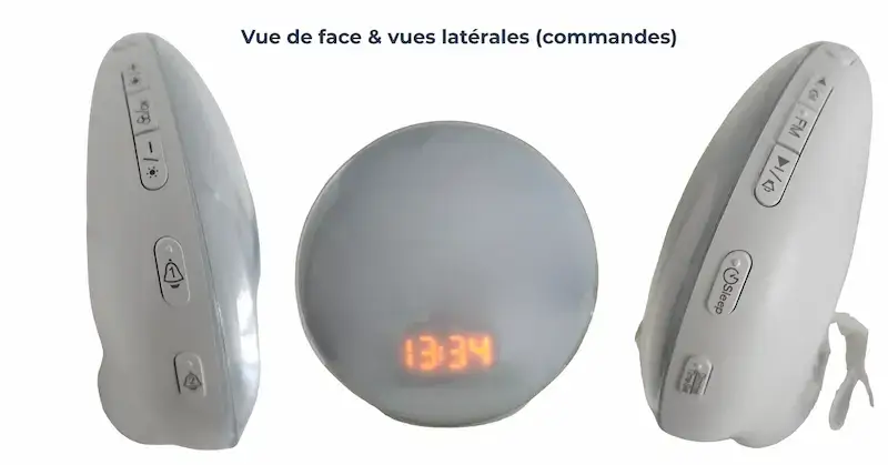 Réveil Artinabs vu sous tous les angles : boutons de commande sur les côtés, affichage LED 13:34 visible, interface de contrôle complète avec boutons +, -, alarme, mode