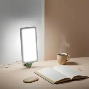 Beurer TL 30 : avis complet sur la lampe luminothérapie compacte Lampe de luminothérapie Beurer TL 30 allumée sur un bureau, avec tasse de café fumante et livre ouvert