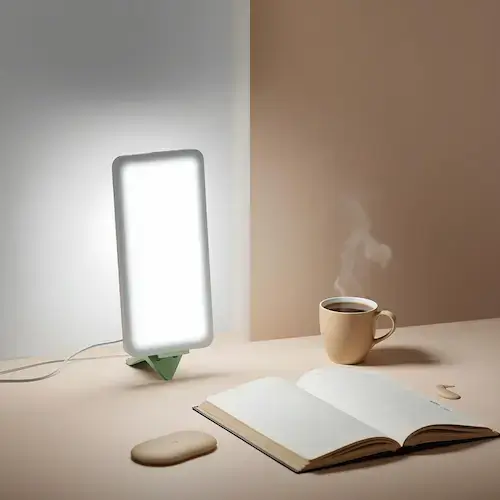Lampe de luminothérapie Beurer TL 30 allumée sur un bureau, avec tasse de café fumante et livre ouvert