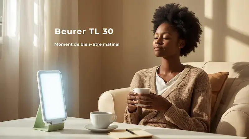 Femme afro assise devant la lampe de luminothérapie Beurer TL 30, yeux fermés, tasse de café en main, moment de bien-être matinal.
