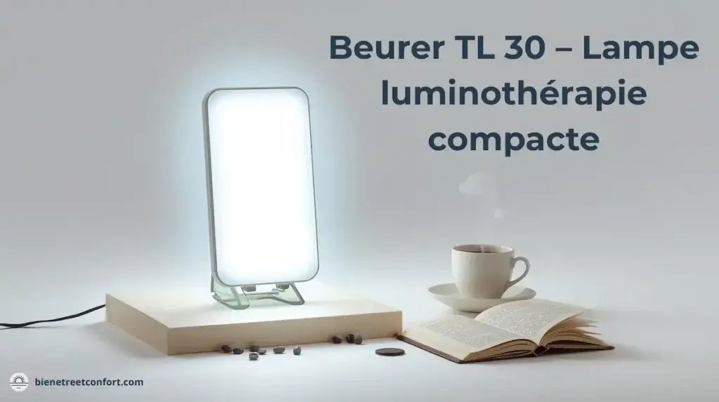 Lampe de luminothérapie Beurer TL 30 posée sur une table avec une tasse de café et un livre ouvert – modèle compact et nomade
