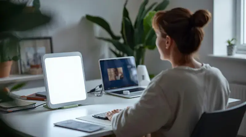 Femme utilisant la lampe de luminothérapie Beurer TL 30 sur son bureau de télétravail, positionnée à côté de son ordinateur portable.