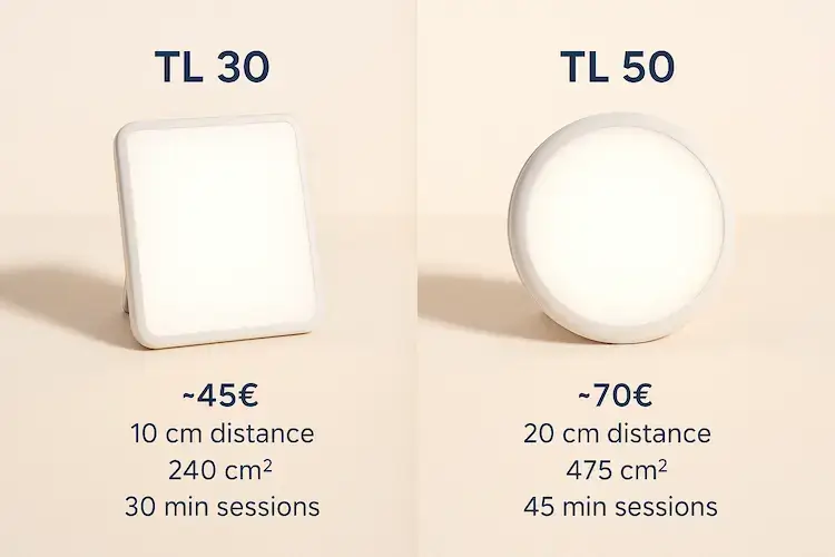 Comparatif Beurer TL 30 vs TL 50 - différences prix, distance et surface éclairante