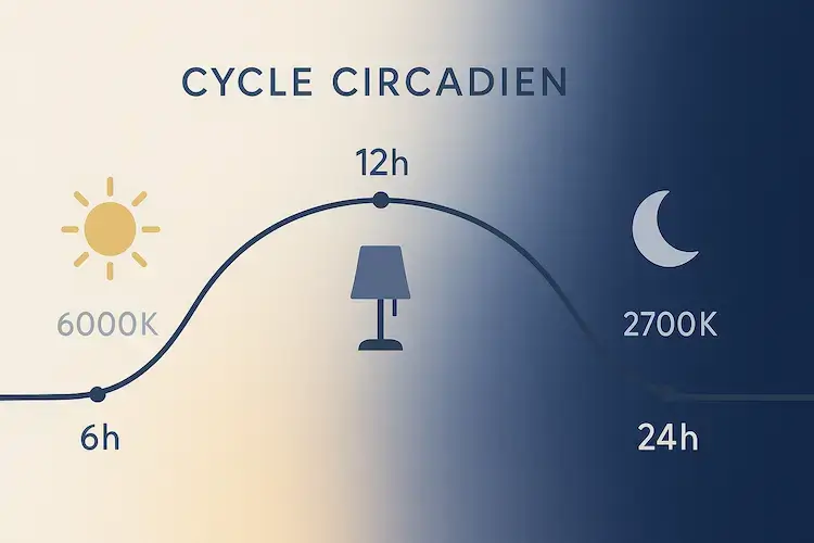 Infographie cycle circadien : lumière froide 6000K le matin, lumière chaude 2700K le soir