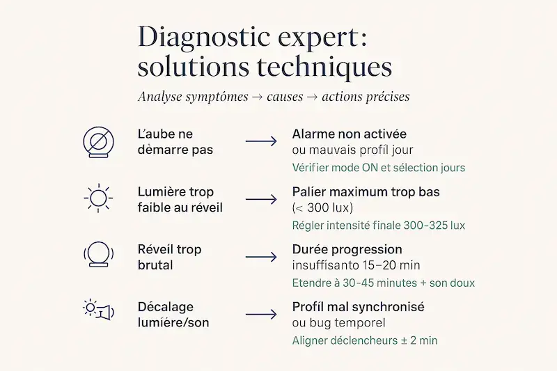 Guide de diagnostic expert pour réveil lumineux avec analyse symptômes-causes-solutions : problèmes d'aube, de luminosité, de réveil brutal et de décalage lumière-son