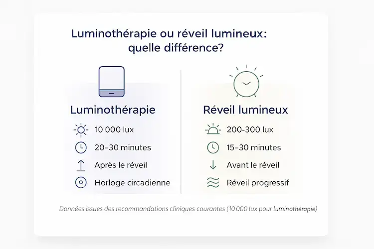 Tableau comparatif luminothérapie vs réveil lumineux : intensité, moment d'usage et objectifs