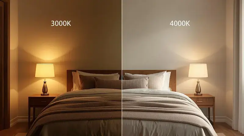 Comparaison visuelle d’une chambre éclairée en 3000K (lumière chaude, ambiance apaisante) et en 4000K (lumière neutre, plus stimulante).