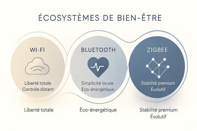 Infographie comparant Wi-Fi, Bluetooth et Zigbee pour lampes connectées : liberté totale, simplicité locale et stabilité premium