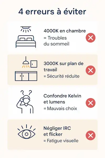 Infographie sur 4 erreurs à éviter avec l’éclairage LED : 4000K en chambre = troubles du sommeil, 3000K sur plan de travail = visibilité réduite, confusion Kelvin et lumens = mauvais choix, négliger IRC et flicker = fatigue visuelle.