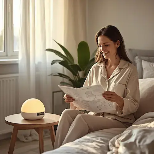 Femme en pyjama consultant le manuel d'utilisation de son simulateur d'aube dans sa chambre moderne