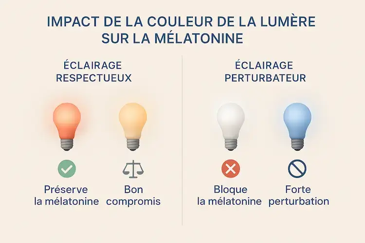 Infographie comparant l'impact des couleurs de lumière sur la mélatonine : rouge et orange préservent, blanc froid et bleu perturbent la production naturelle