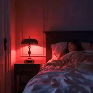 Lumière rouge chambre : gadget tendance ou alliée de votre sommeil ? Femme endormie dans une chambre éclairée par une lampe lumière rouge