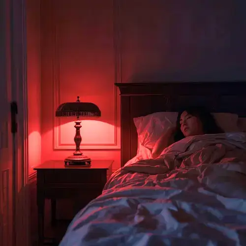 Femme endormie dans une chambre éclairée par une lampe lumière rouge