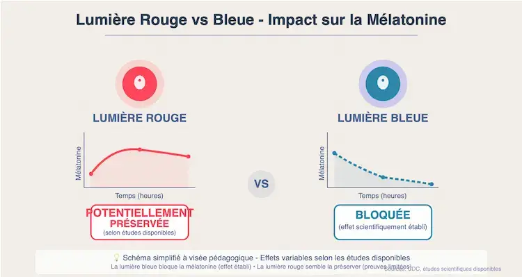 Infographie comparative lumière rouge vs bleue sur la mélatonine : la lumière rouge préserve la production naturelle tandis que la lumière bleue la bloque