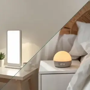 Luminothérapie ou réveil lumineux : différences, avantages et quand combiner Image de mise en avant comparant une lampe de luminothérapie et un réveil lumineux simulateur d’aube, deux solutions distinctes pour le sommeil et l’énergie.