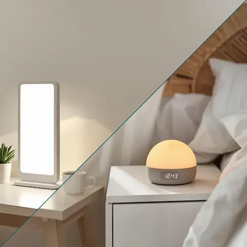 Image de mise en avant comparant une lampe de luminothérapie et un réveil lumineux simulateur d’aube, deux solutions distinctes pour le sommeil et l’énergie.