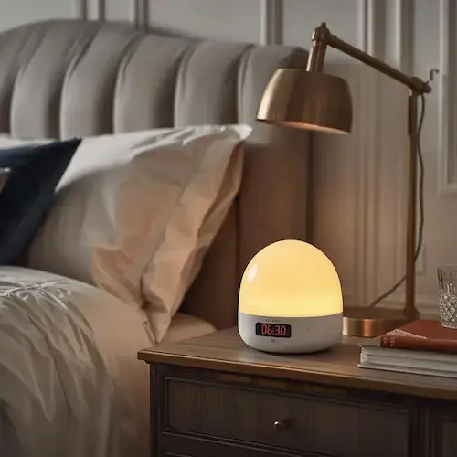 Simulateur d'aube réveil lumineux diffusant lumière orangée 06h30 sur table de nuit chambre parentale moderne