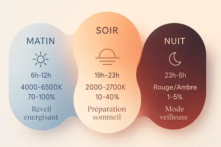 Infographie des réglages optimaux pour lampe connectée : matin 4000-6500K à 70-100%, soir 2000-2700K à 10-40%, nuit rouge-ambre à 1-5% pour un sommeil optimal