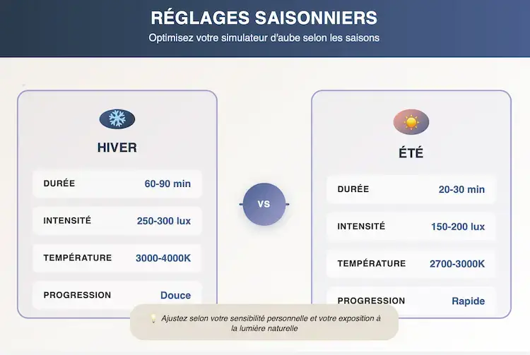 Infographie comparative des réglages optimaux pour simulateur d'aube selon les saisons : hiver (60-90 min, 250-300 lux, 3000-4000K, progression douce) vs été (20-30 min, 150-200 lux, 2700-3000K, progression rapide)