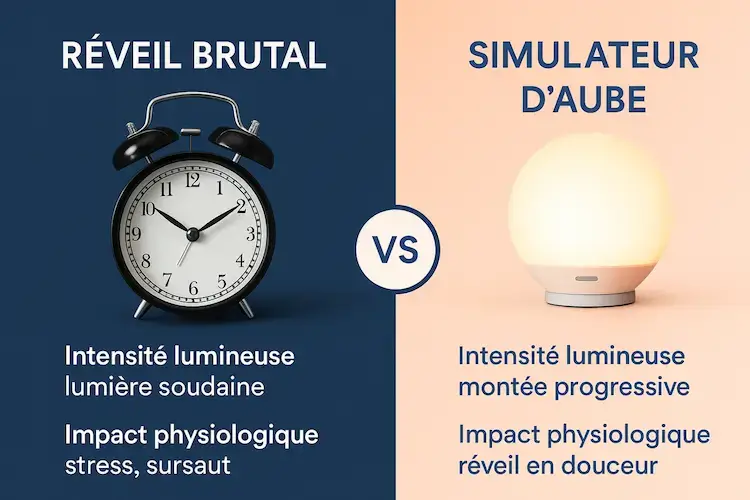 Infographie comparant le réveil brutal par alarme sonore et le réveil progressif avec simulateur d’aube, illustrant la différence d’intensité lumineuse et d’impact physiologique.