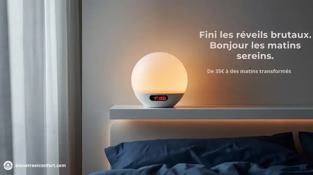 Réveil simulateur d'aube Artinabs posé sur étagère au-dessus du lit avec lumière ambrée - fini les réveils brutaux, bonjour les matins sereins