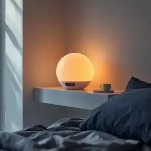 Réveil simulateur d'aube Artinabs : avis après 6 mois de test Réveil simulateur d’aube Artinabs diffusant une lumière chaude à 7h00, dans une chambre moderne.