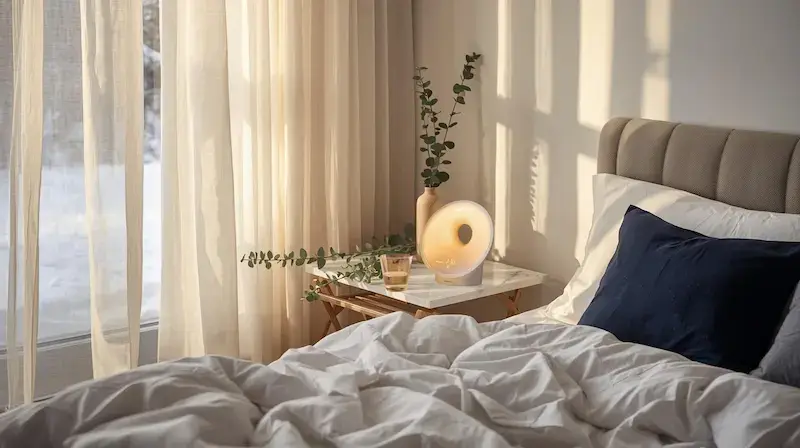 Positionnement optimal simulateur aube Philips chambre table chevet distance recommandée