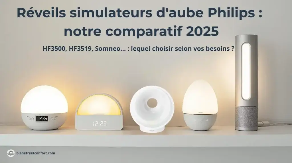 Réveils simulateurs d’aube Philips HF3500, HF3519 et Somneo alignés sur une étagère – comparatif 2025