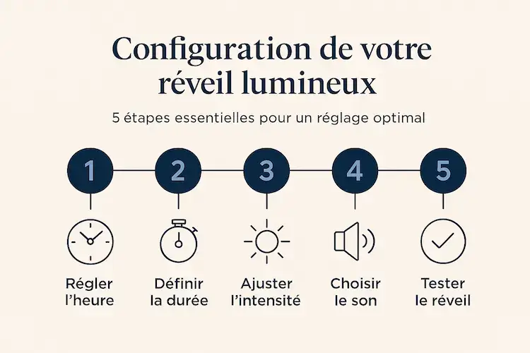Infographie des 5 étapes de configuration d'un réveil lumineux : régler l'heure, définir la durée, ajuster l'intensité, choisir le son et tester le réveil